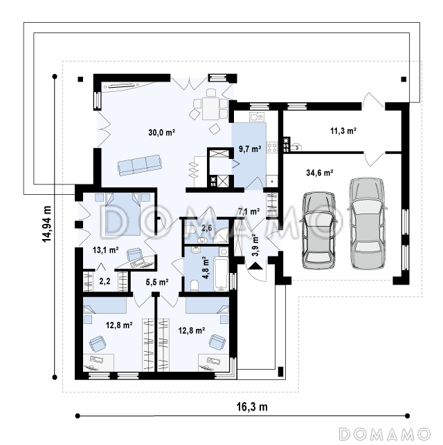 Проект одноэтажного дома из газобетона с дневной зоной в тыльной части дома и выходом на большую террасу и гаражом на два автомобиля / План 1 этажа