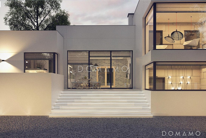 Проект современного трёхуровнего дома из газобетона с плоской крышей, с большим гаражом, спортзалом и сауной 