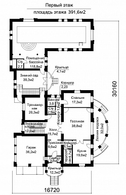 Проект двухэтажного дома с пристроенным бассейном / План 1 этажа