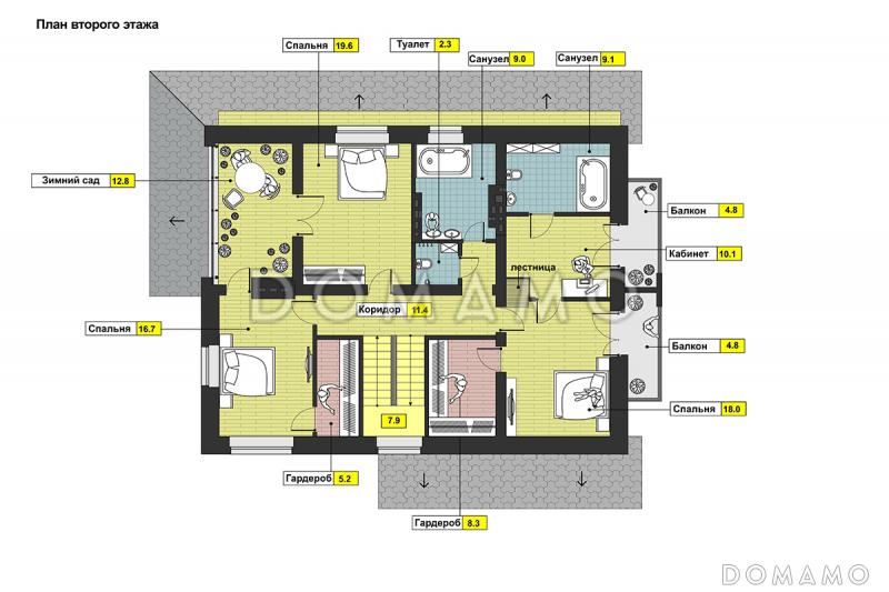 Проект дома с просторной гостиной и кухней столовой, террасой с барбекю, зимним садом, двумя балконами,  / План мансардного этажа