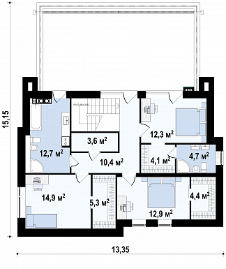 Проект современного двухэтажного дома из газобетона с плоской крышей, с четырьмя комнатами, гаражом и террасами на двух уровнях   / План 2 этажа