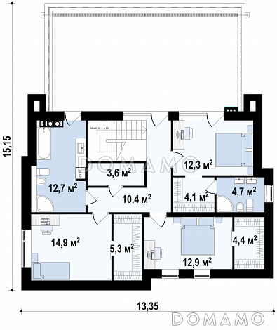 Проект современного двухэтажного дома из газобетона с плоской крышей, с четырьмя комнатами, гаражом и террасами на двух уровнях   / План 2 этажа