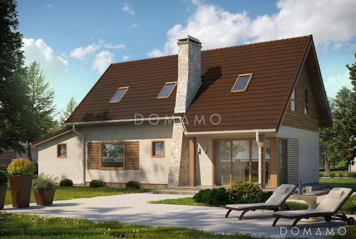 Проект традиционного мансардного дома из газобетона с дополнительной спальней на первом этаже и гаражом