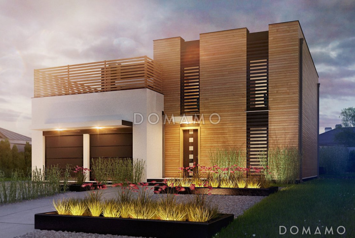 Проект дома с гаражом на две машины и кладовой, просторной дневной зоной, спальней на первом этаже