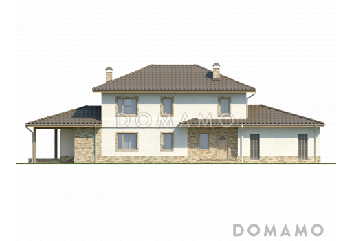 Проект красивого просторного двухэтажного коттеджа из кирпича с крытой террасой и гаражом / Фасад 2