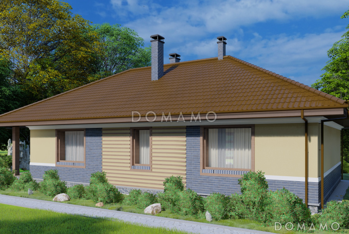 Проект одноэтажного дома с камином в гостиной и крытой террасой