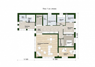 Проект дома с подвалом, сауной, 4 спальнями и вторым светом / План 1 этажа