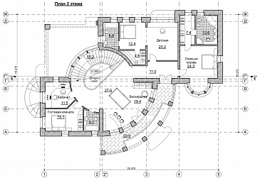 Проект коттеджа с круглым холлом и башенкой / План 2 этажа