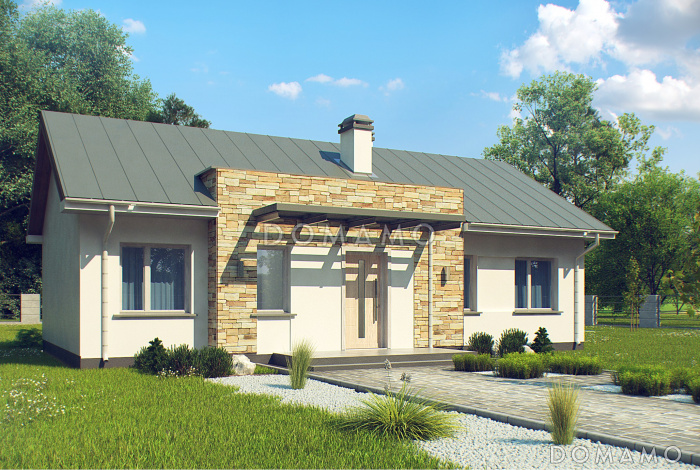 Проект простого компактного одноэтажного дома из кирпича с тремя спальнями