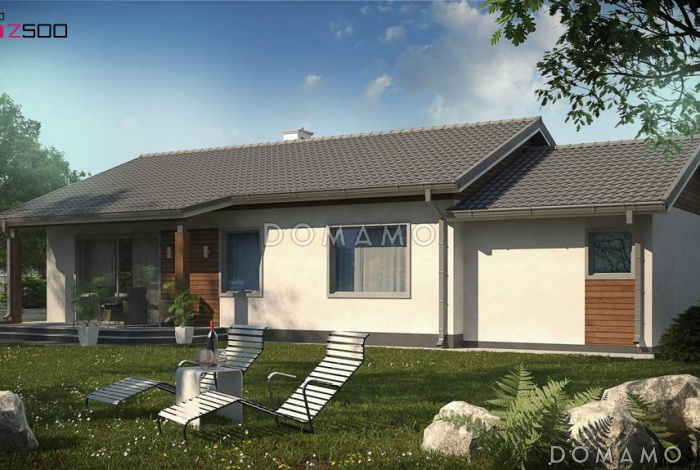 Проект одноэтажного дома простой формы с двухскатной крышей, гаражом, ванной с окном