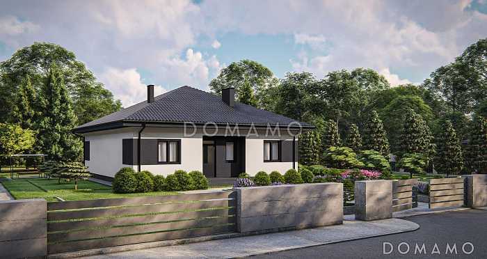 Проект одноэтажного дома с эркером в гостиной, кладовой, террасой, тремя спальнями