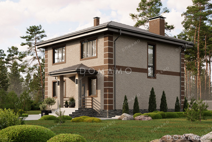 Проект квадратного двухэтажного дома с классической отделкой фасадов облицовочным кирпичом, совмещенной кухней-гостиной на первом этаже и спальной зоной на втором