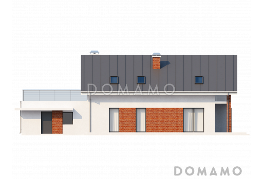 Проект просторного одноэтажного дома с мансардным этажом из кирпича со встроенным гаражом и большой террасой над ним / Фасад 3