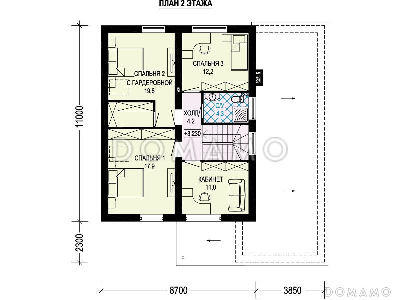 Проект двухэтажного дома из газобетона с пятью комнатами и гаражом на два автомобиля / План 2 этажа
