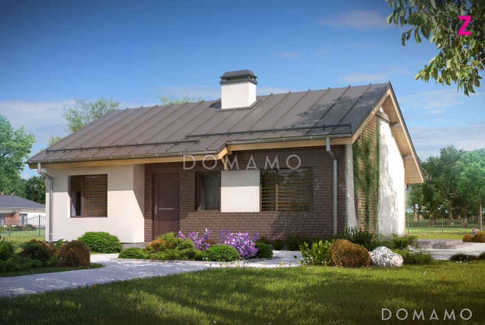 Проект компактного одноэтажного дома небольшой площади из кирпича с двумя спальнями