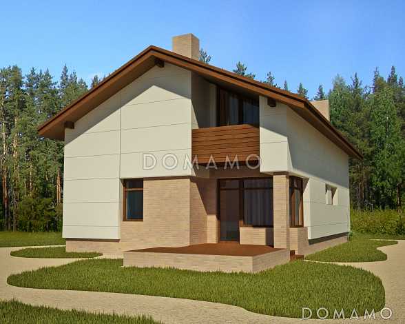 Проект загородного дома из панелей СИП с открытой террасой, небольшой кухонной зоной, вторым светом, балконом и лоджией