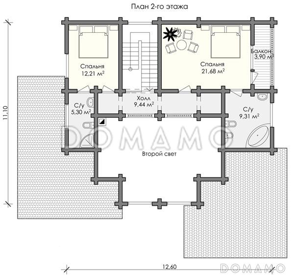 Проект большого дома из строганного бревна / План мансардного этажа
