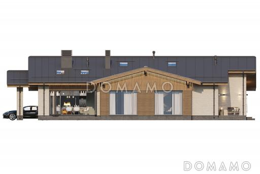 Проект дома из газобетона с навесом для автомобилей, мастер-спальней, совмещенной гостиной-столовой и кухней / Фасад 1