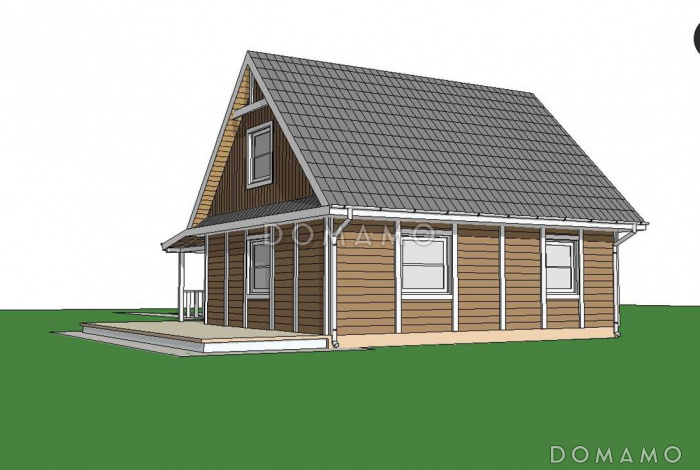 Проект компактного одноэтажного мансардного дома из газобетона с тремя спальнями, фронтальной террасой и гаражом