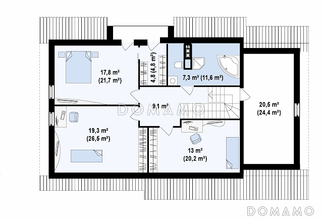 Проект одноэтажного мансардного дома из газобетона со встроенным гаражом и угловой террасой / План мансардного этажа