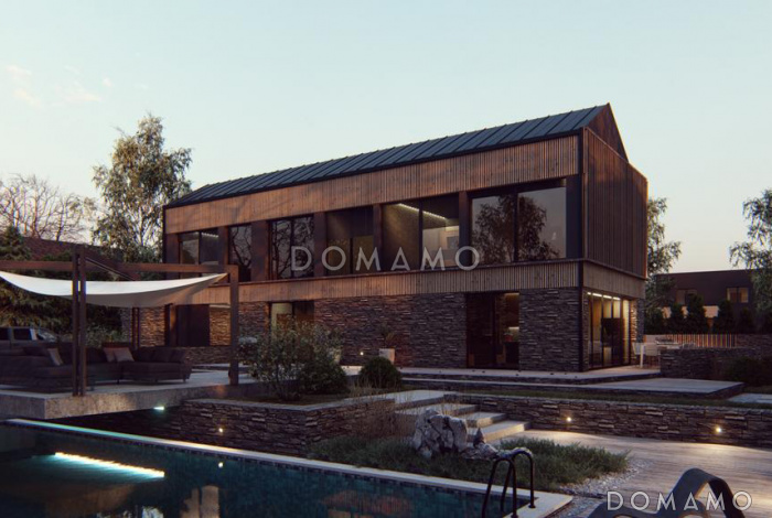 Проект двухэтажного дома с гаражом, кладовой, гардеробной в прихожей, кабинетом, хозяйской спальней