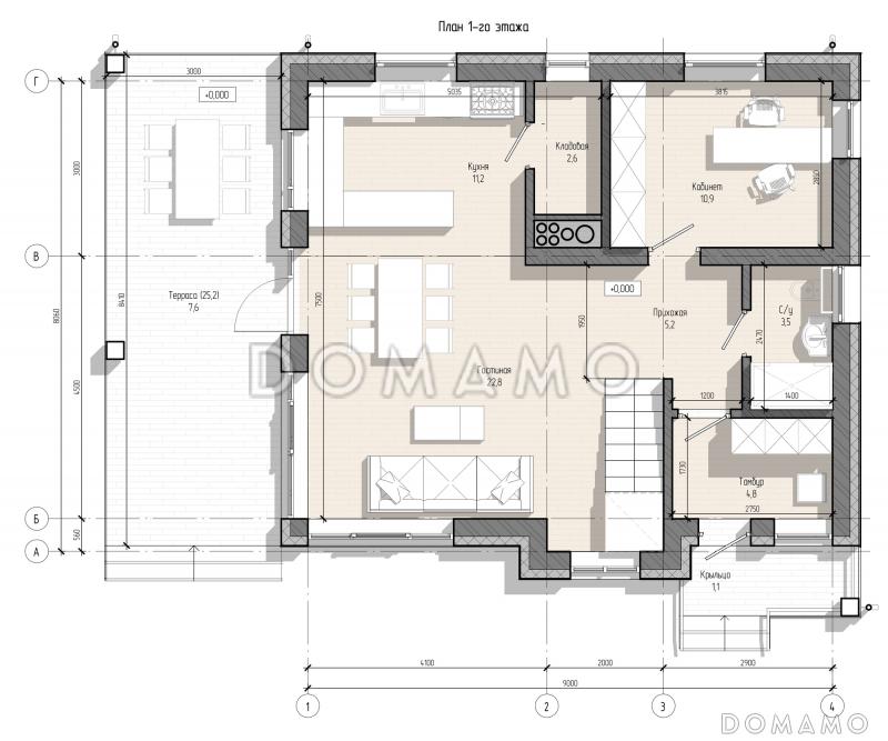 Проект двухэтажного дома из газобетона с кабинетом на первом этаже, тремя спальнями и балконом / План 1 этажа