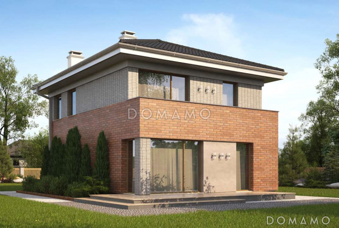 Проект компактного двухэтажного дома из кирпича с тремя спальнями с кирпичной облицовкой фасадов