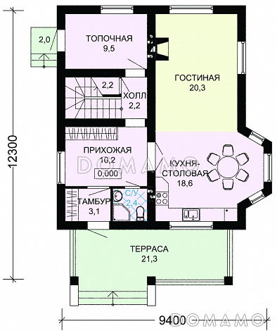 Проект дома с мансардой, крытой террасой и тремя спальными комнатами / План 1 этажа