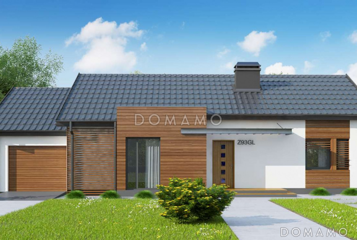 Проект одноэтажного дома из газобетона с современными фасадами, эркерами и гаражом