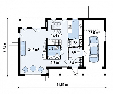 Проект просторного современного одноэтажного мансардного дома из газобетона с большой кухней-столовой, четырьмя комнатами и гаражом  / План 1 этажа