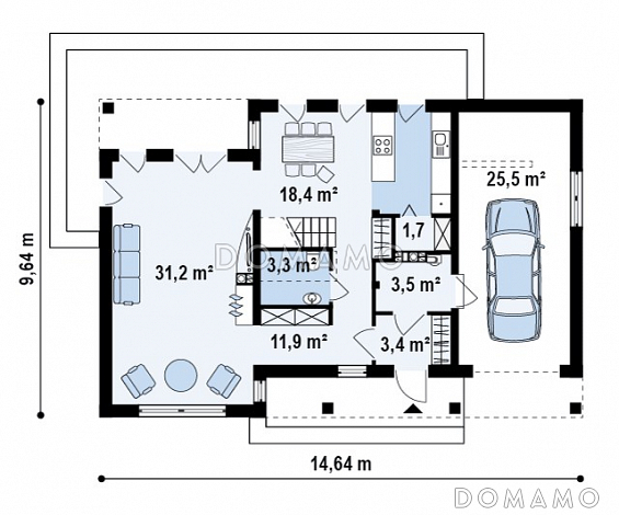 Проект просторного современного одноэтажного мансардного дома из газобетона с большой кухней-столовой, четырьмя комнатами и гаражом  / План 1 этажа
