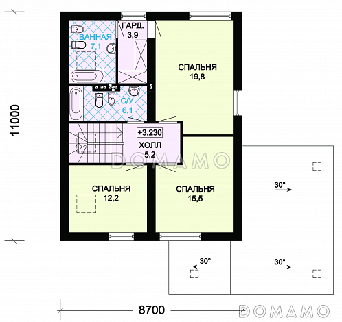 Проект загородного дома из СИП панелей с мансардой и навесом для машины / План мансардного этажа