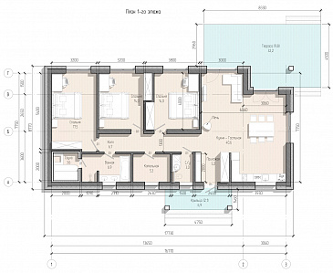Проект дома с 3 спальнями, сауной и печью в кухне-гостиной / План 1 этажа