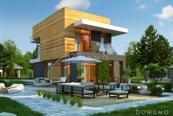 Проект двухэтажного дома из кирпича в стиле кубизм с балконом