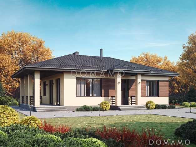 Проект одноэтажного дома с тремя спальнями, отдельным входом в техническое помещение, террасой