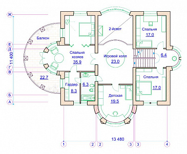 Проект коттеджа с двусветной гостиной, сауной и балконом / План 2 этажа