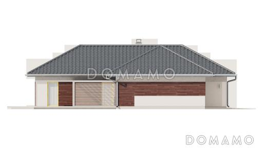 Проект одноэтажного дома из кирпича с большой террасой в угловой части дома и гаражом / Фасад 4