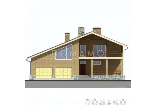 Проект дома из кирпича с экономичной двускатной крышей и навесом для автомобиля / Фасад 1