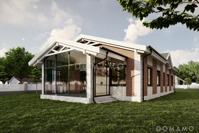 Проект одноэтажного дома с мастер-спальней, кабинетом, гаражом на 2 машины и застекленной террасой