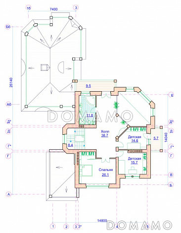 Проект коттеджа с двусветной гостиной, отдельным бассейном и гаражом / План 2 этажа