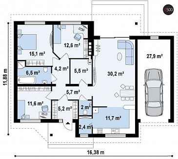 Проект простого компактного одноэтажного дома из газобетона с тремя спальнями и гаражом / План 1 этажа