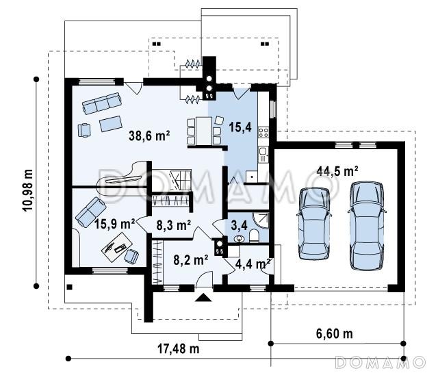 Проект одноэтажного мансардного дома из газобетона с кабинетом, тремя спальнями и гаражом / План 1 этажа