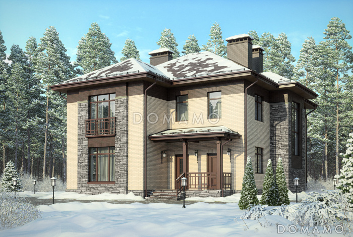 Проект дома с крытой террасой, кладовой под лестницей, гостевой на первом этаже, хозяйской спальней на втором этаже