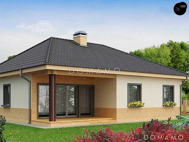 Проект одноэтажного дома с угловым окном на кухне, камином в гостиной, террасой, подвалом