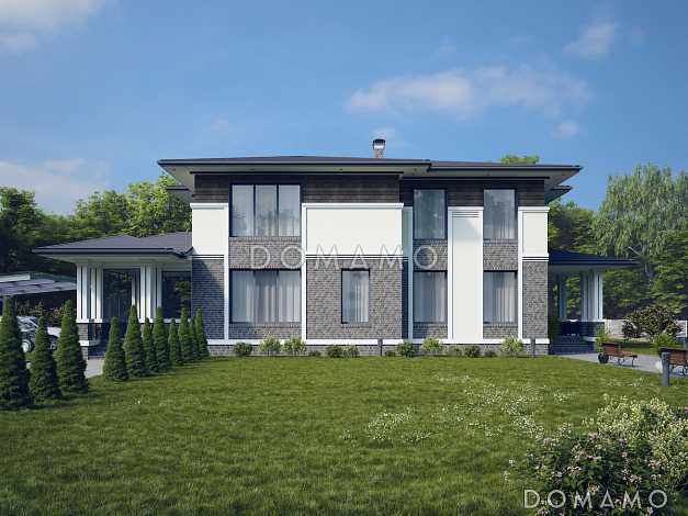 Проект двухэтажного дома в стиле Райта с кухней-столовой, застекленной террасой, постирочной на втором этаже