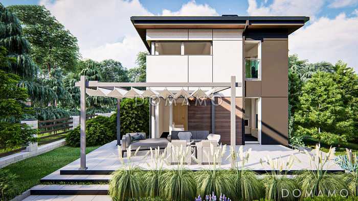 Проект двухэтажного дома с террасой, кухней-столовой, тремя спальнями