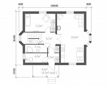 Проект практичного коттеджа из кирпича / План 1 этажа