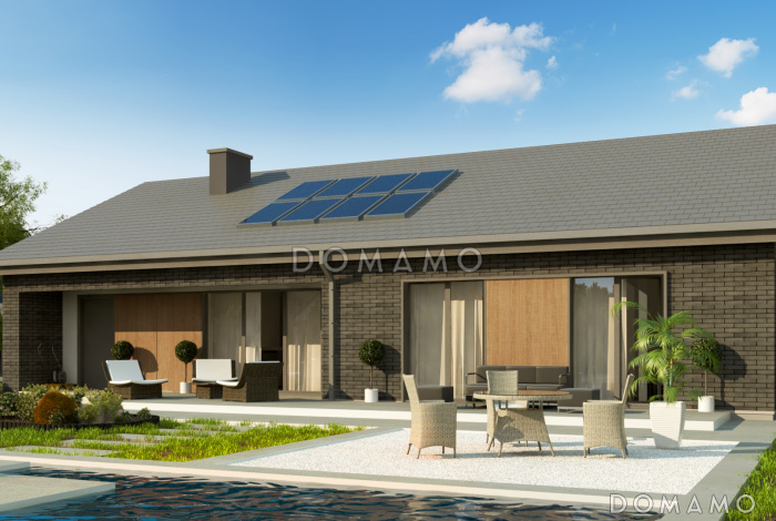 Проект загородного дома с гаражом на одну машину, кладовой на кухне, хозяйской спальней, просторной гостиной с выходом на террасу