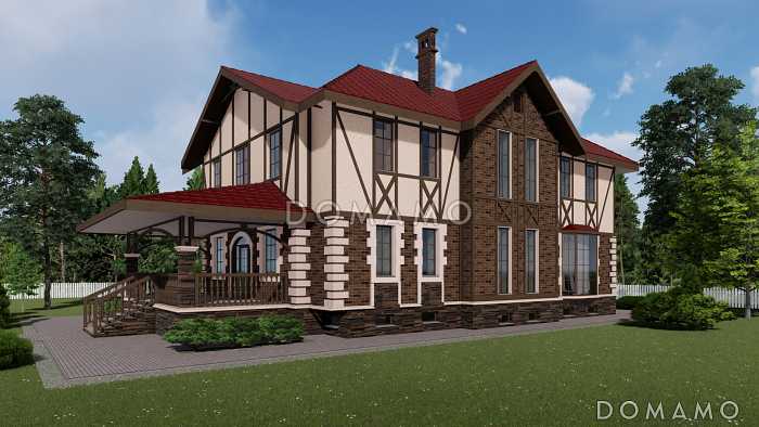 Проект двухэтажного дома в стиле фахверк с подвалом и лаундж-зоной