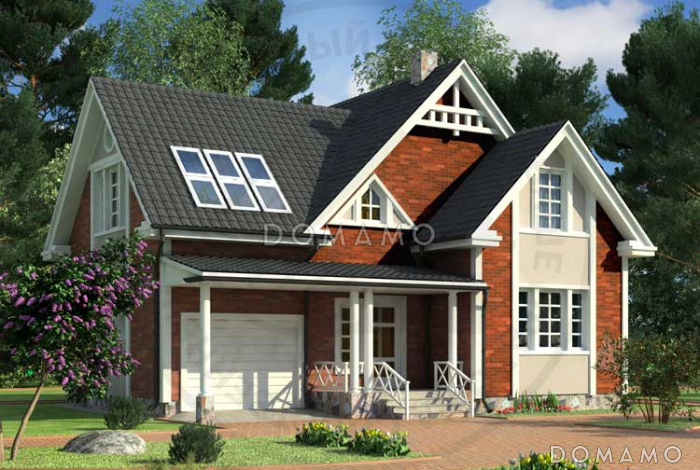 Проект загородного дома из панелей SIP с тремя спальнями на мансардном этаже, круглым окном, гаражом на одну машину